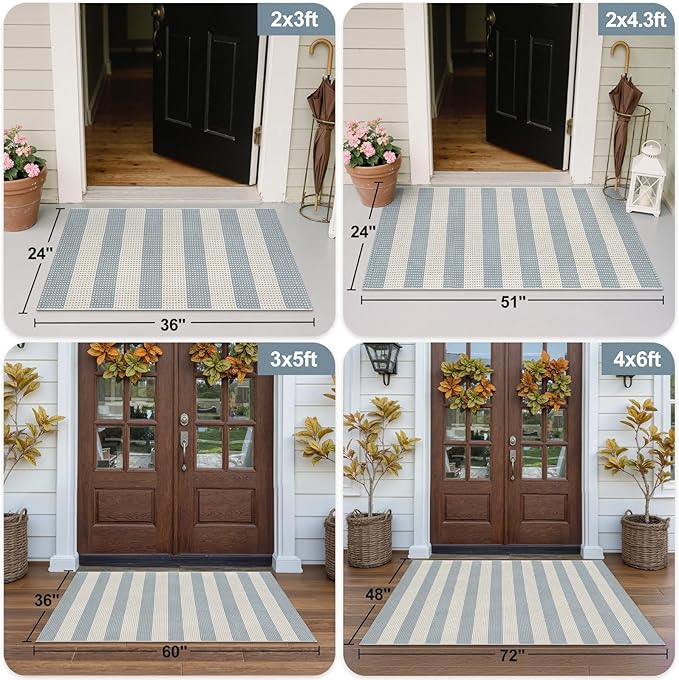 OJIA Outdoor Porch Rug Front Door Mat 24'x51, Washable Checkered Entry Striped Front Door Rug Cotton Woven Kitchen Carpet Small Area Rug for Entryway Patio Bedroom Bathroom (Blue/White/Tan)