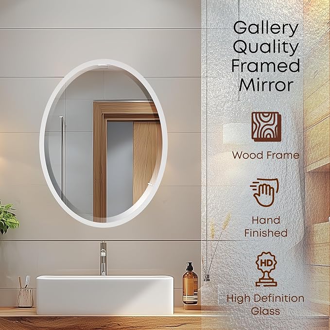 OVALCREST - Oval Wooden Beveled Wall Mirror for Home Decor, Bathroom, Vanity, Bedroom, Living Room, Hallway - London Style (Linen White) 25.1 x 37.1