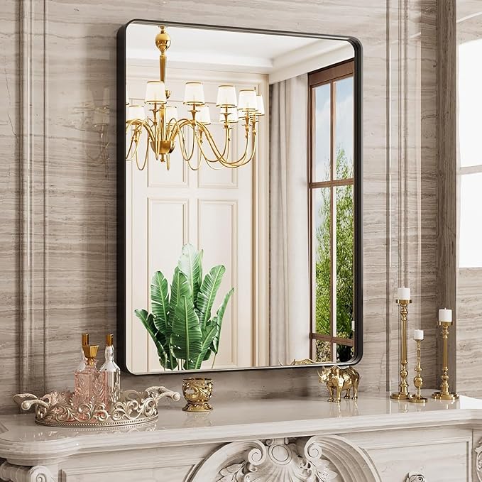 Black Bathroom Mirror 28X36 Inch, Black Metal Framed Mirror for Wall, Rounded Rectangle Matte Bathroom Vanity Mirror with Tempered Glass, Anti-Rust, Horizontal/Vertical