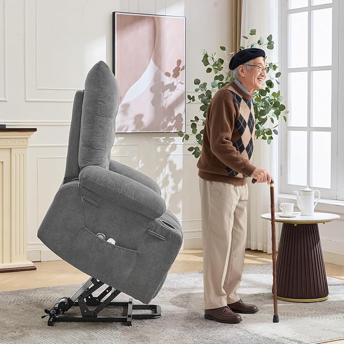 GarveeHome Power Lift Recliner Chair for Elderly with Massage and Heat, Oversized Electric Massage & Heat Recliner with Soft Padded Upholstery, Side Pocket & Cup Holders for Living Room, Gray