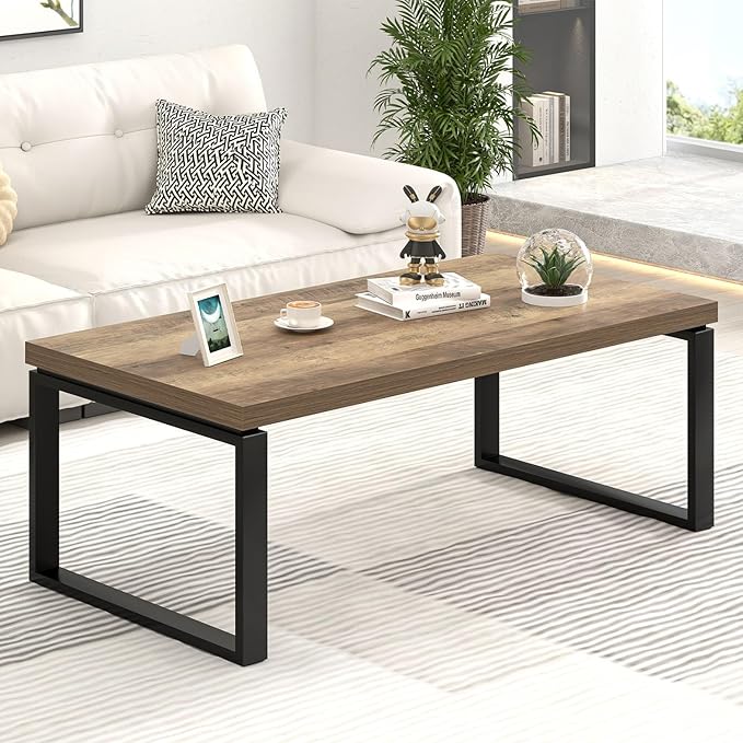 EXCEFUR Coffee Table, Modern Wood and Metal Living Room Table, Industrial Rectangle Center Table for Home Office, Rustic Oak, 47 Inch