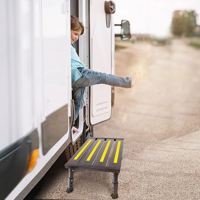 Adjustable Height Aluminum RV Step, Stable Foldable Platform Step Stool, Supports Up to 1,000 lb, Non-Slip Rubber Feet and Platform Mat, Easy to Carry (Black)