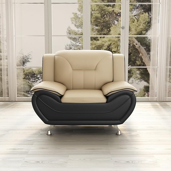 Container Furniture Direct Michael Modern Faux Leather Upholstered Stainless Steel Legs Living Room, Chair, Camel/Black