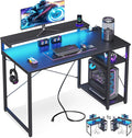 MOTPK 40 Inch Small Gaming Desk with Storage & Led Lights, Computer Desk with Power Outlet & Shelf, Reversible Gamer Desk with Adjustable Monitor Stand, Carbon Fiber Texture Black