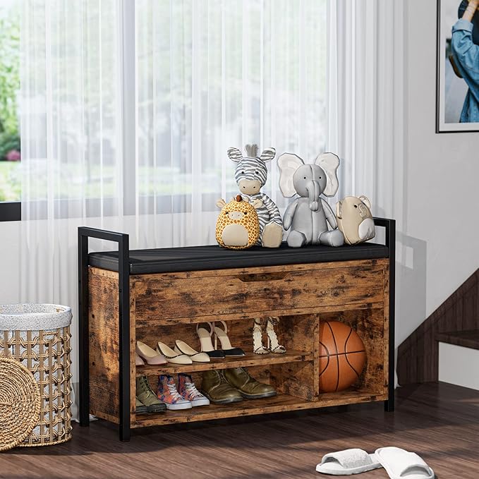 IRONCK Shoe Storage Bench, Entryway Bench with Lift Top Storage Box, Metal and Board Bench for Entryway, Two Tier Shoe Rack Organizer for Entryway, Hallway, Industrial, Vintage Brown