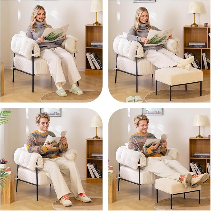 HollyHOME Modern Velvet Accent Chair, Upholstered Comfy Reading Chair, Fabric Large Lazy Arm Chair with Soft Cushion, Metal Frame Lounge Sofa Chair for Living Room, Bedroom, Balcony, Beige