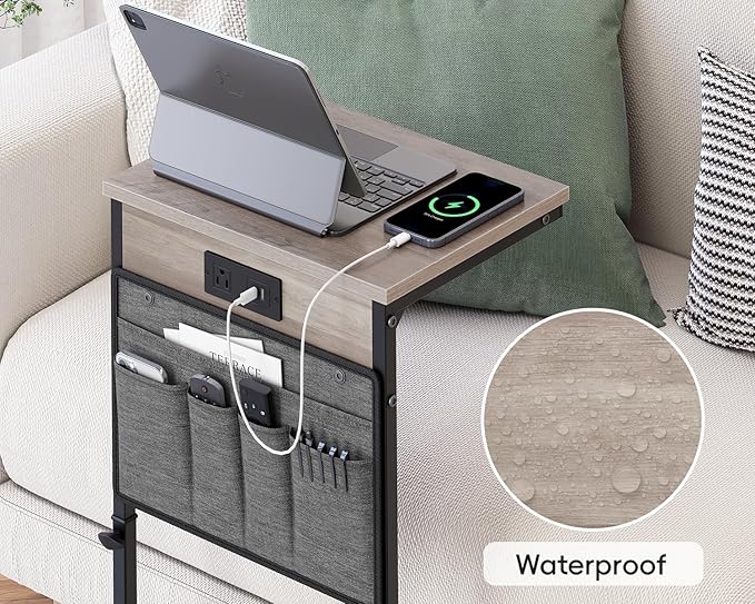 Vagusicc C Shaped End Table with Charging Station, 33" Tall Side Table for Couch, C Table Adjustable Height Small Couch Side Table, Slide Under Sofa Table TV Tray Arm Table for Living Room, Greige
