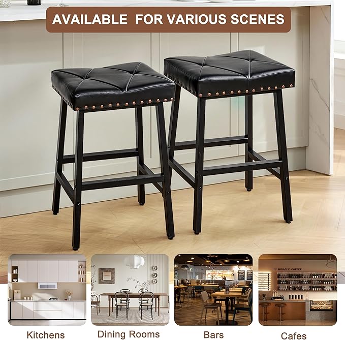 VECELO 25 inch Counter Height Stools for Kitchen Island, 3.3'' Thick PU Upholstered Saddle Seats, Backless Bar Chairs with Metal Base, Black