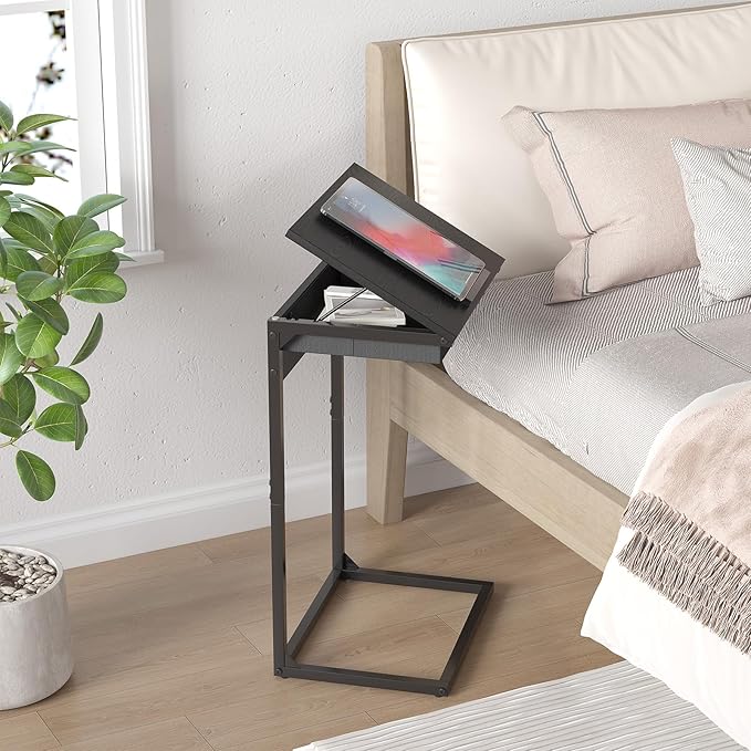 C Shaped End Table with Charging Station,45° Tiltable Adjustable Flip Top Side Table Set of 2,Small C Table Set 2 for Small Spaces,Slide Under Couch Sofa Bedside Table Living Room, Black