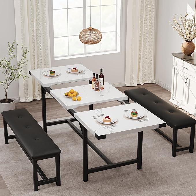 3-Piece Dining Table Set for 4-6 People, Extendable Kitchen Table Set with 2 Upholstered Benches, Dining Room Table Set for Apartment, Kitchen, Living Room, Marble White