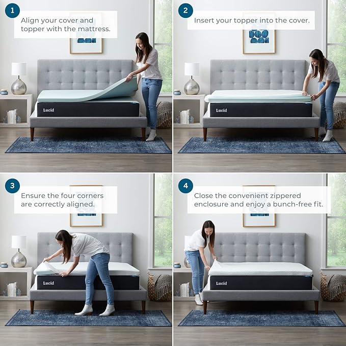 LUCID 4 Inch Lavender Infused Memory Foam Mattress Topper and LUCID Zippered Enclosure Mattress Topper Cover, California King