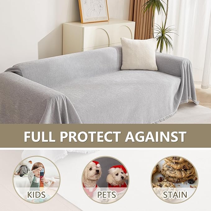 MYSKY HOME Sofa Cover for Dogs, Washable Boho Couch Cover Blanket, Thick Durable Tassel Water Resistant Furniture Protector, 71"x 118", Light Grey