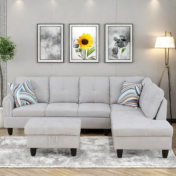 Convertible Sectional Couch, Large L Shaped Couch with Storage, Modern Modular 5-Seat Sectional Sofa with Ottomans for Living Room and Office, Light Grey