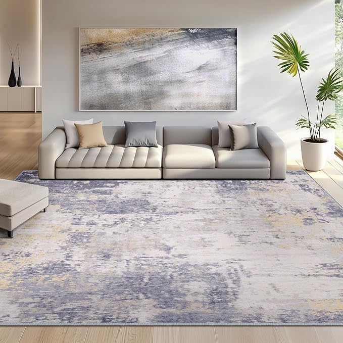 Washable Area Rugs 5'x7' Non-Slip Modern Abstract Soft for Living Room Entryway Bedroom Nursery, Print Pattern, Purple Grey Cream Yellow