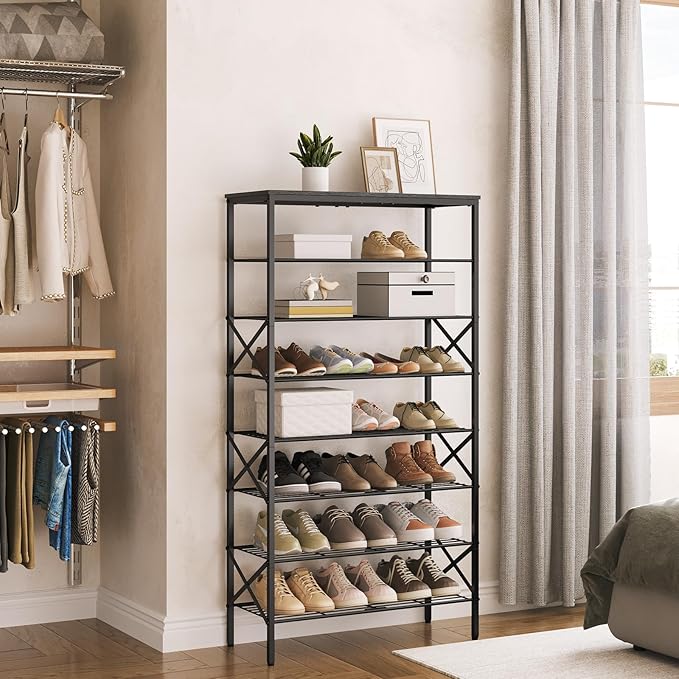 8 Tier Shoe Rack, Large Capacity Shoe Storage Organizer Holds 32 Pairs, Durable and Stable, for Entryway, Hallway, Closet, Dorm Room, Charcoal and Black SS08BC
