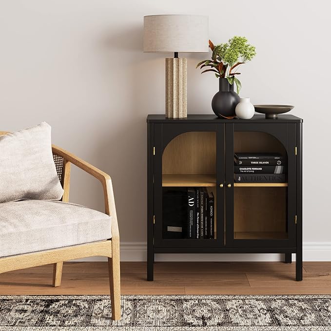 Nathan James Mason Storage Cabinet, Free Standing Accent Sideboard Buffet, Credenza with Glass Doors and Adjustable Shelf in Black Oak Wood for Dining Room, Entryway and Living Room, Clear Glass/Black