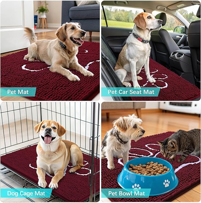 OLANLY Door Mat for Muddy Dog Paws 24x16, Ultra Absorbent Chenille Mud Doormat with Paw Print Design, Non-Slip Washable Doormat for Indoor Entryway, Quick-Dry Pet Bed Mats for Dirty Dogs, Burgundy