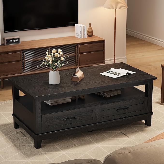 GarveeHome Farmhouse Coffee Table with Drawers, 47.2" Center Table Rustic Coffee Tables Black Living Room Table, with Open Shelf and 6 Support Legs