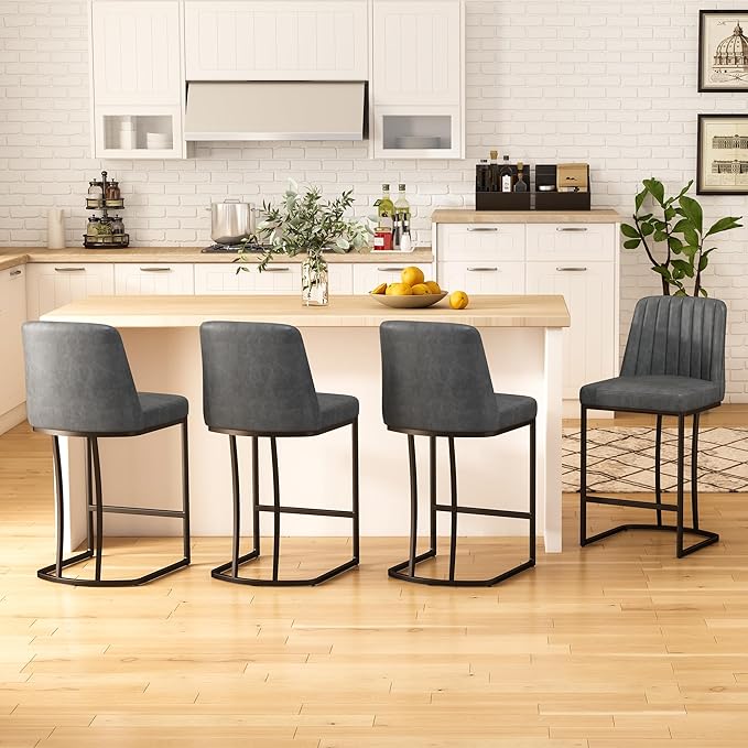 Bar Stools Set of 4, Faux Leather Counter Height Barstools, Upholstered Kitchen Counter Stools with Back and Stitching, 25.6" H Kitchen Island Stools Bar Chair, Metal Framed, Black Grey