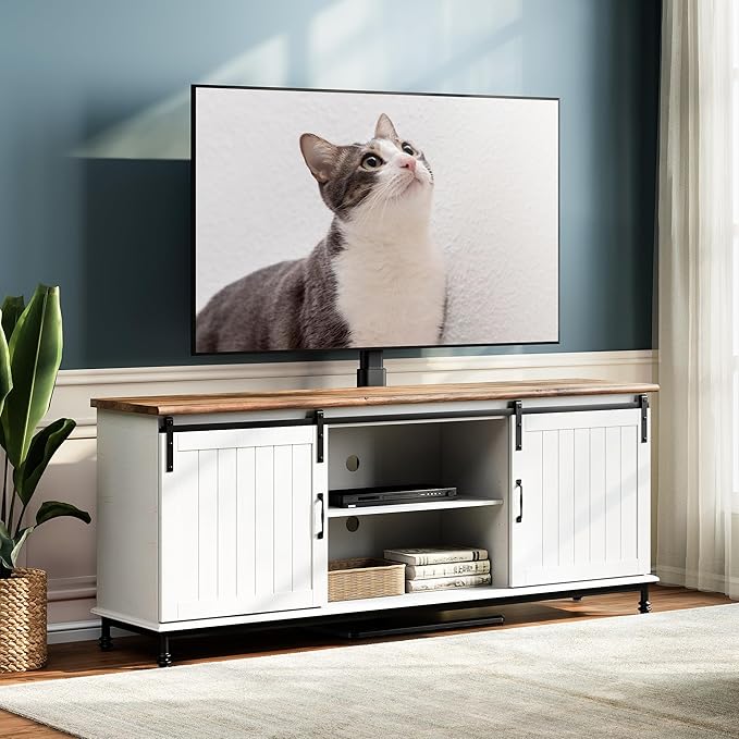 FITUEYES Floor TV Stand for Living Room, Bedroom, Tall Corner TV Stand Mount with Sturdy Wood Base for 32 to 70 Inch TVs, Swivel, Height Adjustable, Holds 40kgs, Black