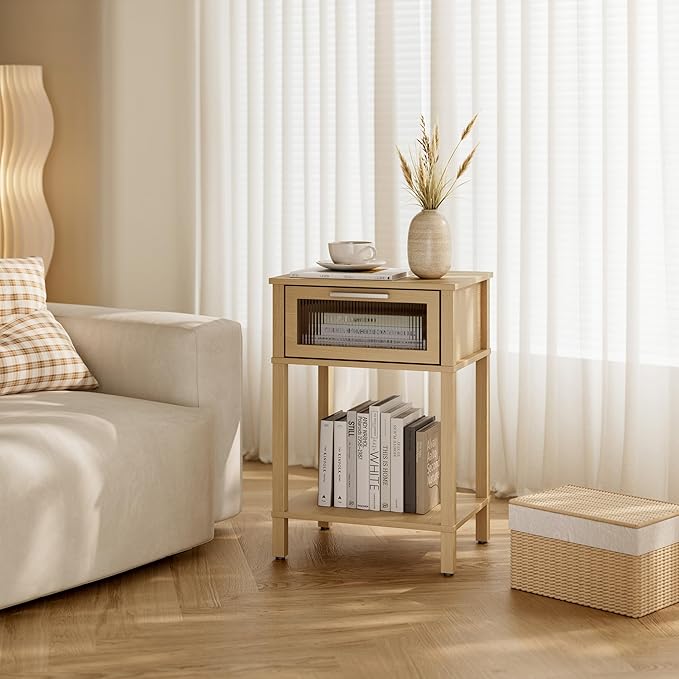 Nightstand Wooden Bedside Table with Drawer Natural Wood Night Stands Modern Style Small End Table Side Table with Storage Shelf for Bedroom Living Room MLBZ10YEV