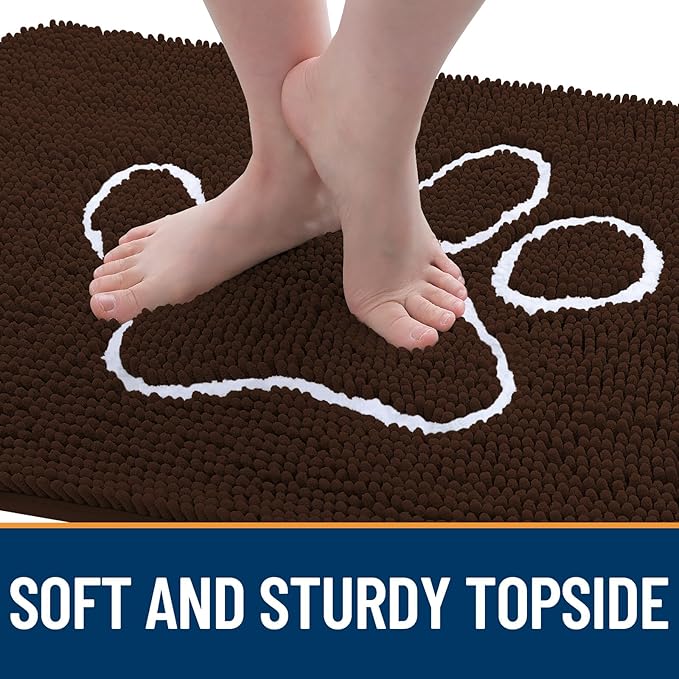 OLANLY Door Mat for Muddy Dog Paws 59x24, Ultra Absorbent Chenille Mud Doormat with Paw Print Design, Non-Slip Washable Doormat for Indoor Entryway, Quick-Dry Pet Bed Mats for Dirty Dogs, Brown