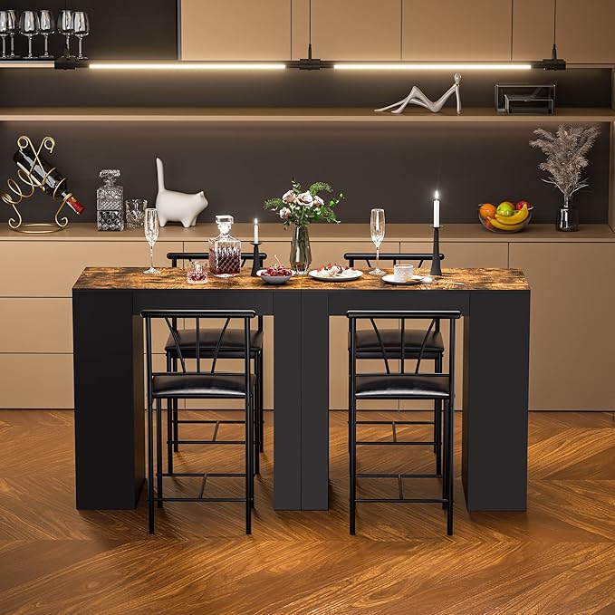 VECELO Small Bar Table and Chairs Tall Kitchen Breakfast Nook with Stools/Dining Set for 2, Storage Shelves, Space-Saving, Black