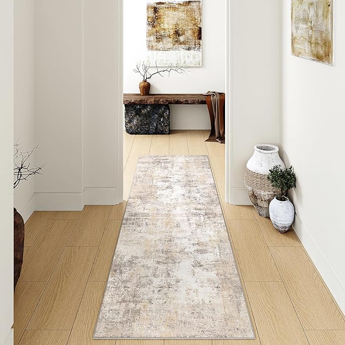 3x10 Washable Runner Rug Beige Grey Neutral Abstract Hallway Kitchen Living Room Bedroom Non Slip Throw Rug Soft Low Pile Indoor Carpet for Entrance Laundry Bathroom