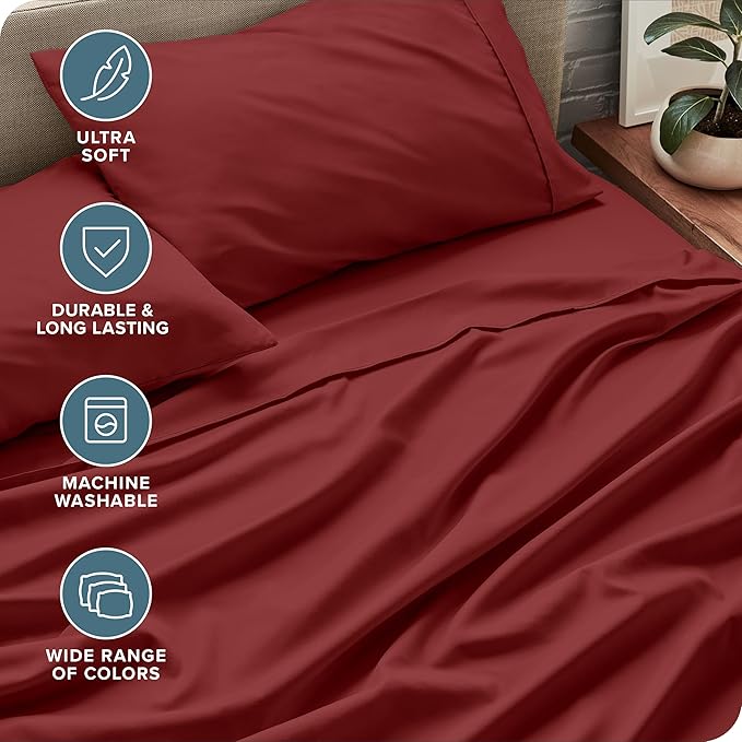 Bare Home Queen Sheet Set - 1800 Ultra-Soft Microfiber Queen Bed Sheets - Double Brushed - Deep Pockets - Easy Fit - 4 Piece Set - Bed Sheets (Queen, Rosewood)