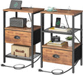 Nightstands Set of 2, Night Stands with Charging Station and Fabric Drawer, Bedside Tables with Storage, 2- Tier Side Table with Open Shelf, Nightstands with Charging Station,Rustic Brown