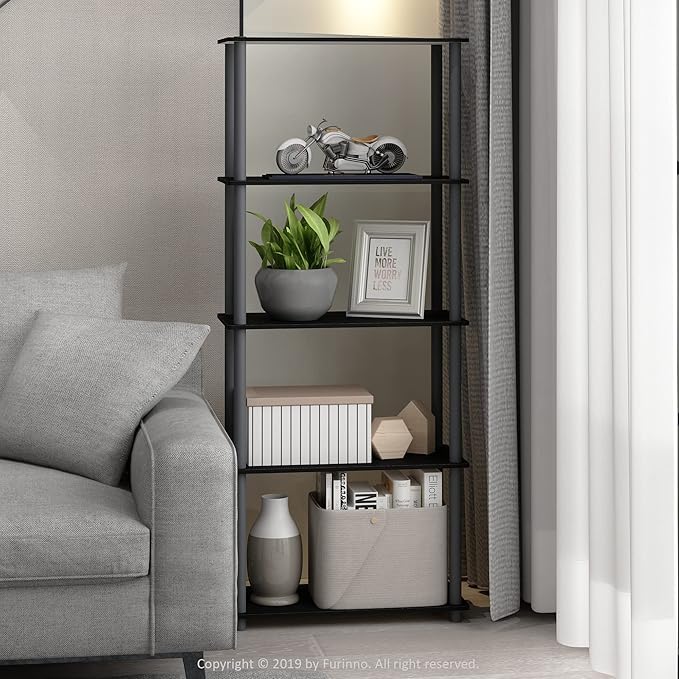 Furinno Turn-N-Tube 5-Tier Multipurpose Shelf / Display Rack / Storage Shelf / Bookshelf, Round Tubes, Black/Grey