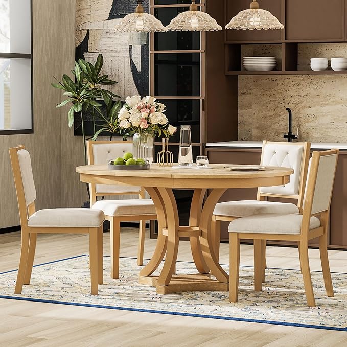 Ball & Cast Retro Dining Table Set for 4 with 4 Upholstered Chairs,5-Piece Wooden Living Room Furniture W/ 42" Round Extendable Kitchen Desk,for Small Space,Apartment,Dining Room,Natural