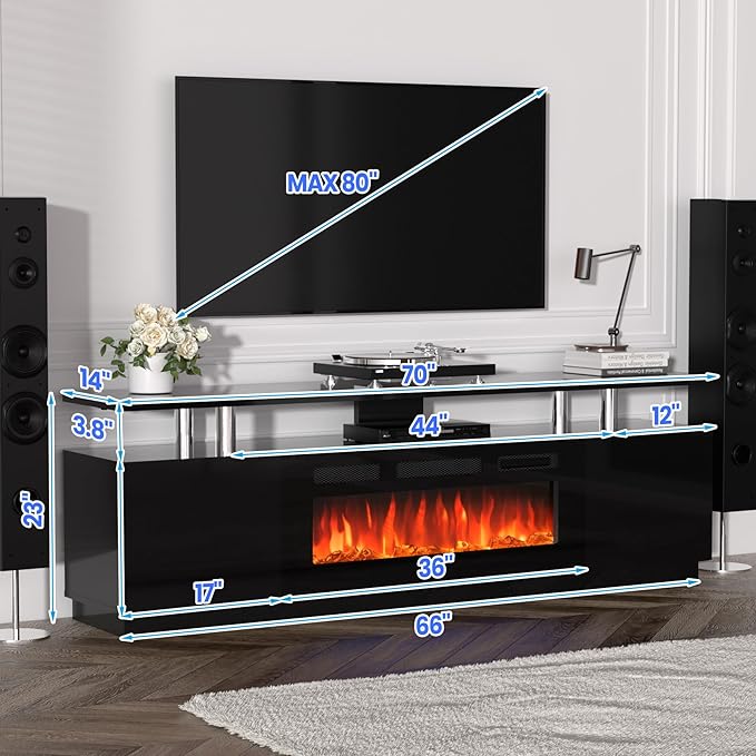 70'' Fireplace TV Stand with 36'' Firplace, Entertainment Center, 2 Tier TV Console Cabinet with Storage Cabinet, Electric Fireplace Heater with 12 Frame and LED Light Colors, Black