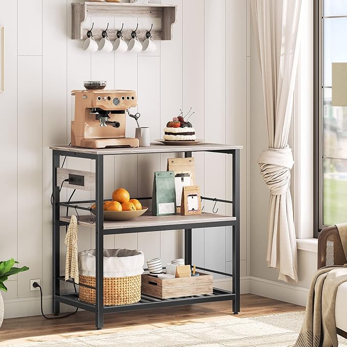 HOOBRO Kitchen Island with Storage, Kitchen Island Table with Power Outlet, 3 Tier Coffee Station and Microwave Stand, for Home, Dining Room, Greige and Black BG021ZD01