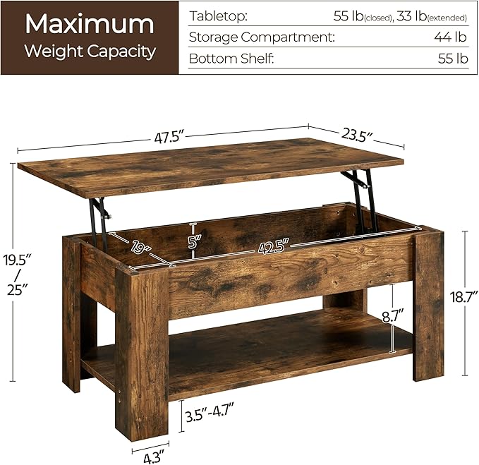 Yaheetech Coffee Table, 47.5in Lift top Coffee Table with Hidden Compartment and Storage Shelf, Lift Tabletop Dining Table for Living Room Reception Room, Rustic Brown