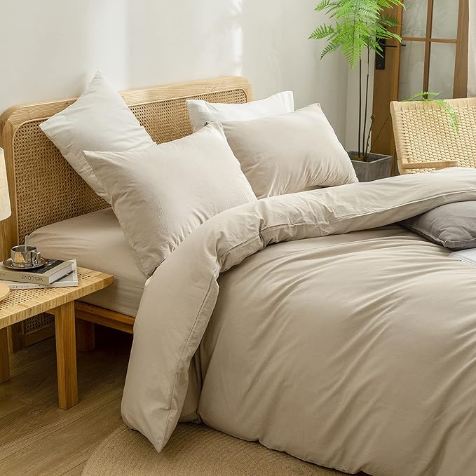 BESTOUCH Duvet Cover Set 100% Washed Cotton Linen Feel Super Soft Comfortable Chic Lightweight 3 PCs Home Bedding Set Solid Almond Milk Grey Oversized Queen