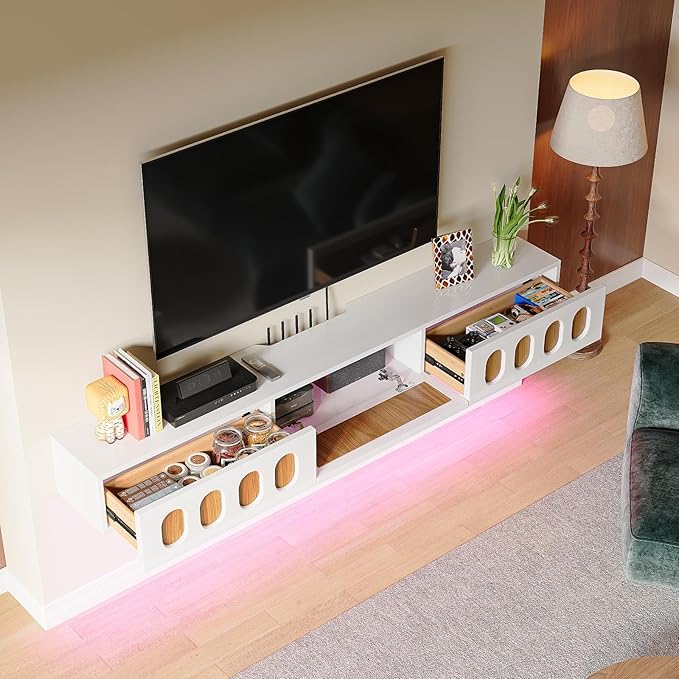 Floaticase Floating TV Stand, 70IN Fully Assembled High Gloss Wall Mounted Entertainment Center with Flip-Down Doors & Drawers, TV Console Under TV Shelf for Bedroom Livingroom