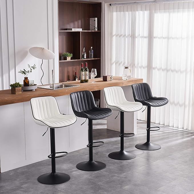YOUNIKE Black Bar Stools Set of 2 Kitchen Counter Height Barstools with Back Modern Swivel Faux Leather Padded Bar Chair Adjustable Tall Upholstered Breakfast Island Chairs