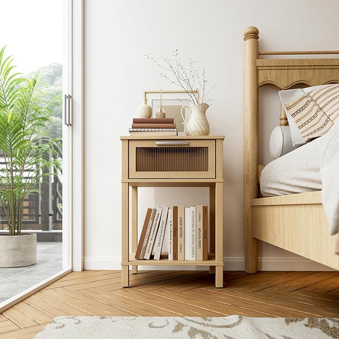 Nightstand Wooden Bedside Table with Drawer Natural Wood Night Stands Modern Style Small End Table Side Table with Storage Shelf for Bedroom Living Room MLBZ10YEV