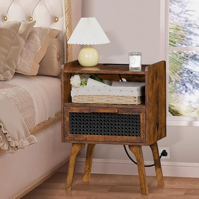 Lerliuo Rattan Nightstand with Charging Station, Side Table with Drawer Open Shelf, Cane Accent Bedside End Table with Solid Wood Legs, Night Stand for Bedroom, Dorm and Small Spaces (Brown)
