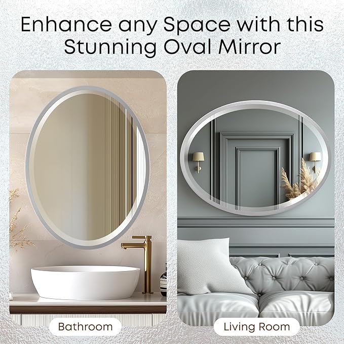 OVALCREST - Oval Wooden Beveled Wall Mirror for Home Decor, Bathroom, Vanity, Bedroom, Living Room, Hallway - London Style (Silver Spray) 25.1 x 31.1