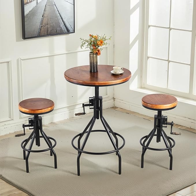 Diwhy Industrial Farmhouse Counter Stool Wooden Seat Height Adjustable with Handle Kitchen Bar Stool Black Set of 2