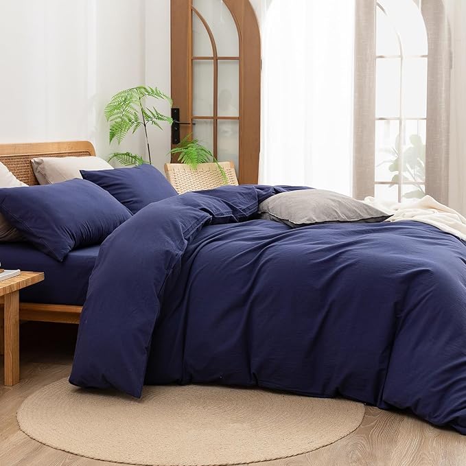 BESTOUCH Duvet Cover Set 100% Washed Cotton Linen Feel Super Soft Comfortable Chic Lightweight 3 PCs Home Bedding Set Solid Navy Blue Full/Double