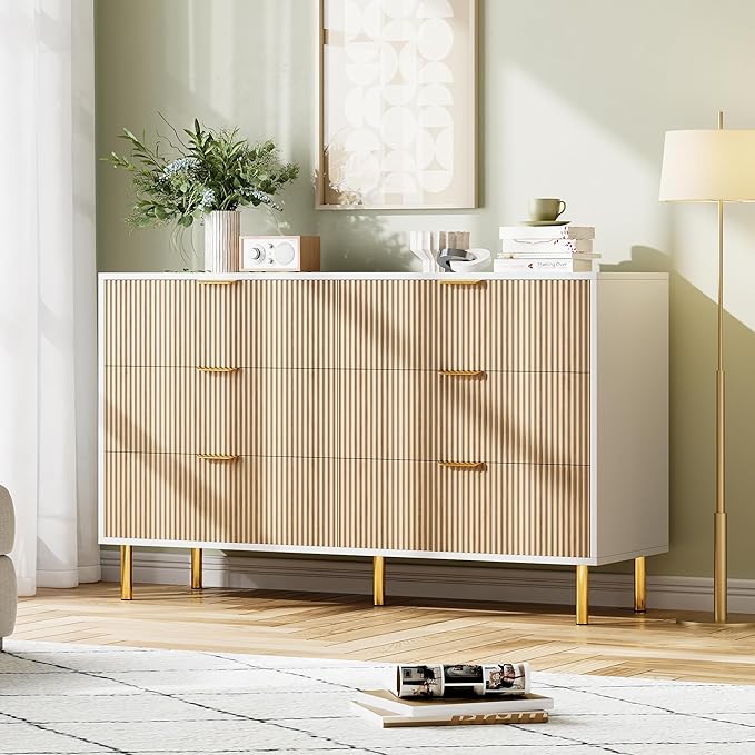 GarveeHome Dresser for Bedroom, Modern Chest of Drawers with Large Drawer, 6 Drawer Dresser with Gold Handles,Wood Storage Cabinet Organizer for Living Room, Hallway, Entryway, Natural
