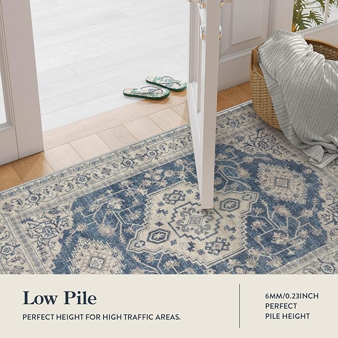 Lahome Oriental Washable Small Area Rug, 2x3 Rugs for Entryway Kitchen, Ultra-Thin Soft Indoor Door Mat Non Slip Throw Carpet for Bedroom Bathroom, Blue