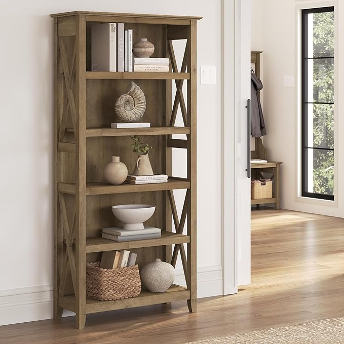 Bush Furniture Tall 5 Shelf Bookcase for Living Room or Home Office, Large Bookshelf, Modern Farmhouse Style, Key West Collection, Reclaimed Pine