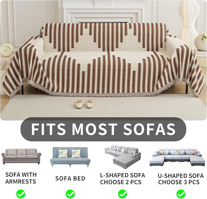 HAOMAIJIA Boho Sofa Covers Couch Covers for 3 Cushion Couch Sofa Pet Friendly Soft Thick Non Slip Couch Cover for Dogs Washable Sectional Couch Covers L Shape Furniture Protector (Brown, 71"x134")