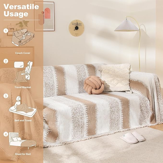 Boho Sofa Cover, Couch Covers for 3 Cushion Couch Sofa Pet Friendly, Sofa Cover Washable, Soft Chenille Living Room Couch Covers Slipcover, Pet Furniture Protecto (1# Khaki, 71" x 150")