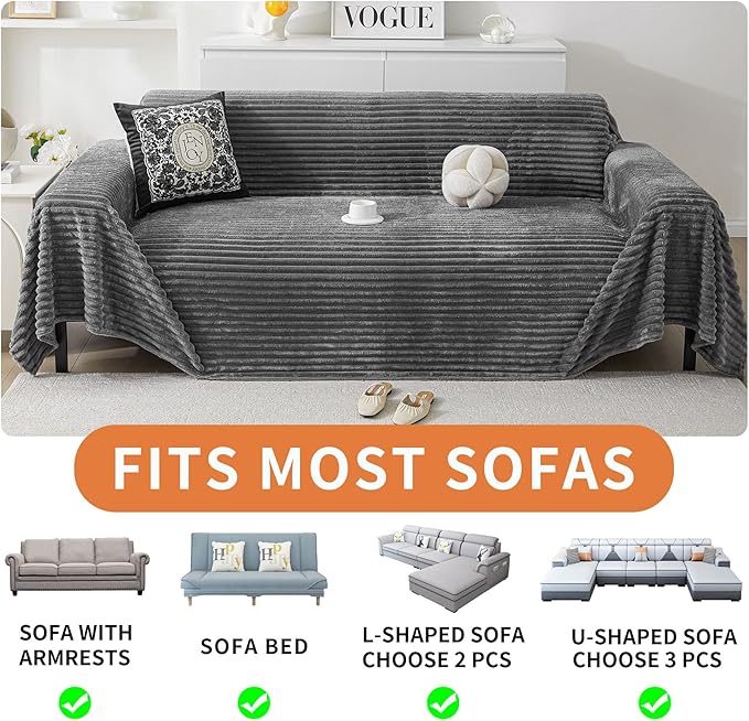 HAOMAIJIA Faux Fur Sofa Covers Couch Covers for 2 Cushion Couch Sofa Pet Friendly Soft Non Slip Couch Cover for Dogs Washable Sectional Couch Covers L Shape Furniture Protector (Grey, 71"x118")