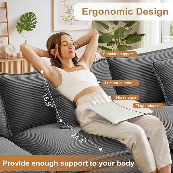 Furniliving 117‘’ L-Shaped Sofa, Luxury Corduroy Modular Sectional Couches with Ottoman, Upholstered Deep Seat Sleeper Sofa with Memory Foam and Waist Pillows, Grey
